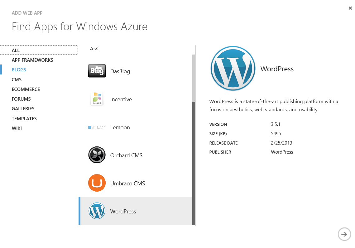 azure - select wordpress